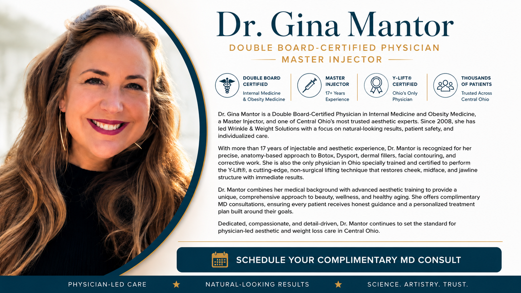 Portrait graphic of Dr. Gina Mantor, Double-Board-Certified Physician and Master Injector at Wrinkle & Weight Solutions, highlighting her expertise in injectables, Y-Lift, and physician-led aesthetic care.