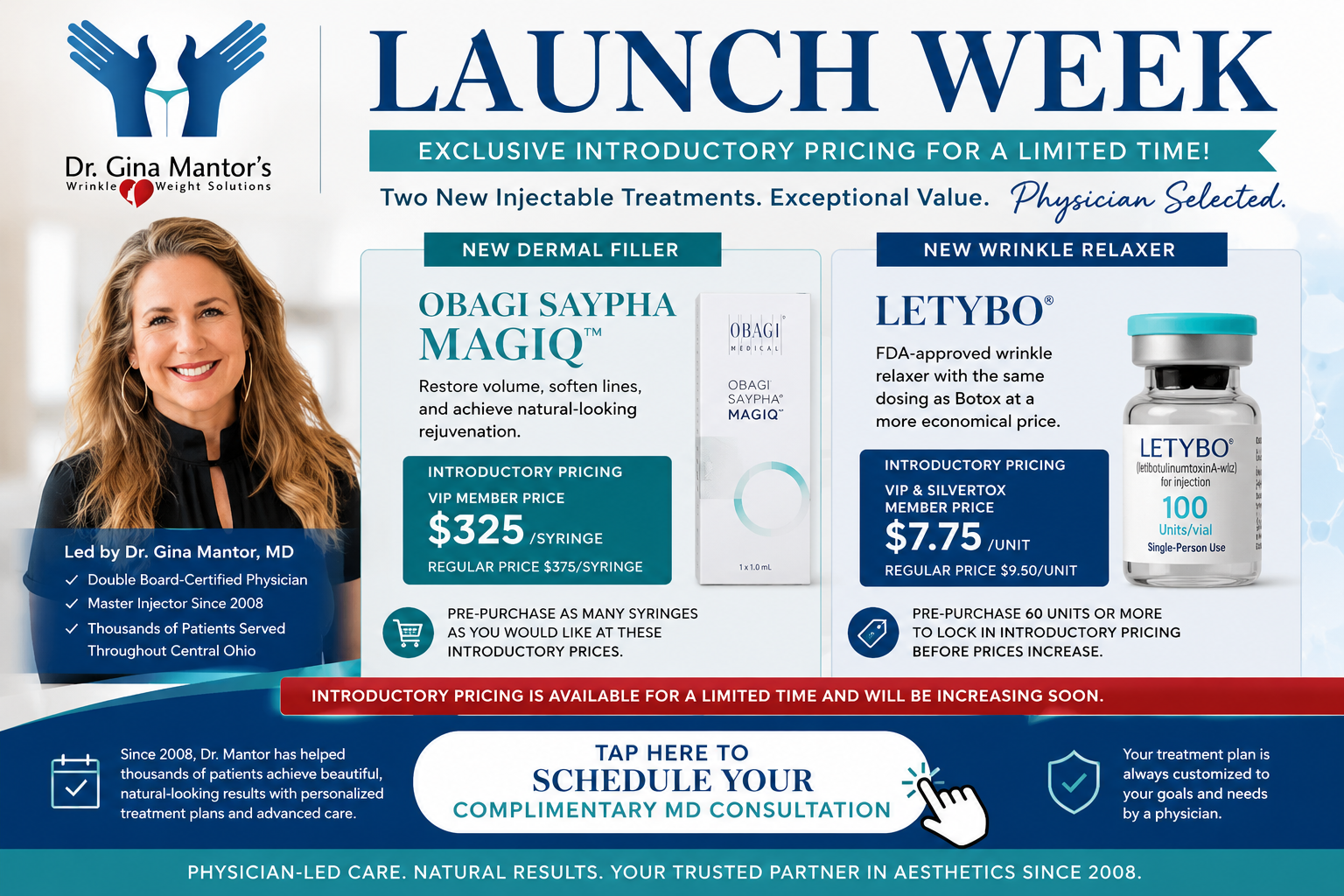 Launch week with special pricing on letybo and obagi saypha magiq specials