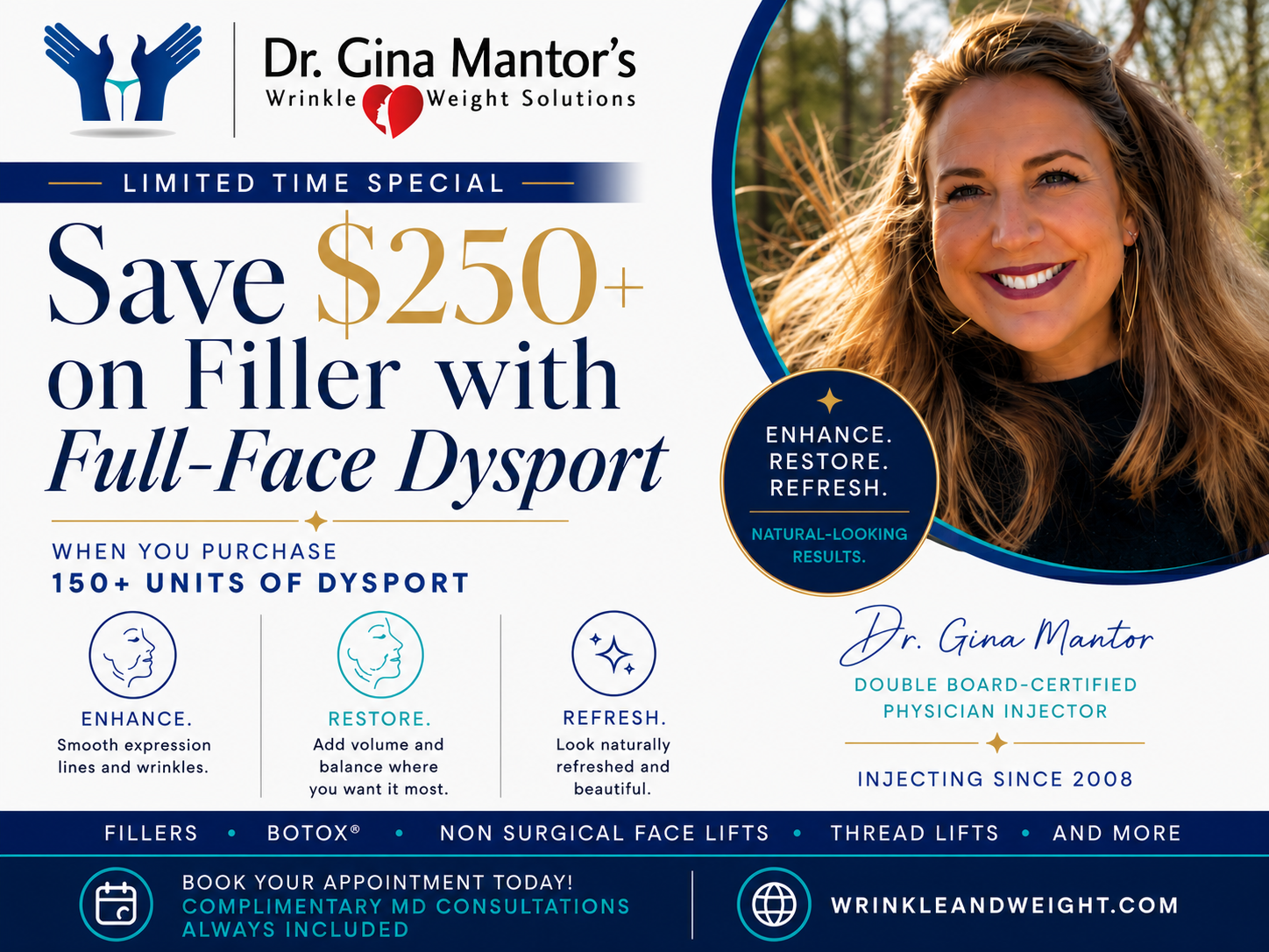 Filler and dysport offer from MD Injector Dr. Gina Mantor in Westerville