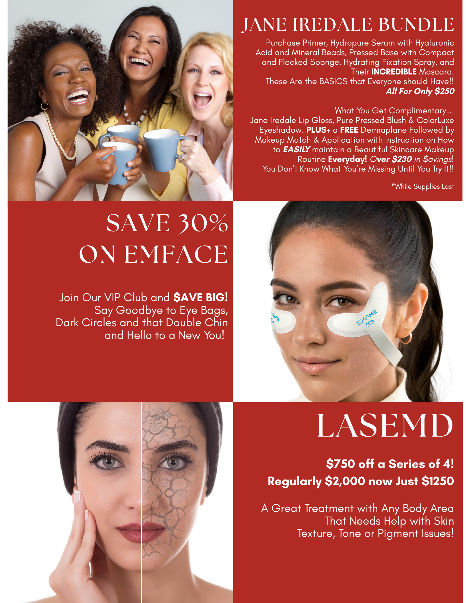 hot summer deals on jane iredale, emface and lasemd at Wrinkle and Weight in Westerville