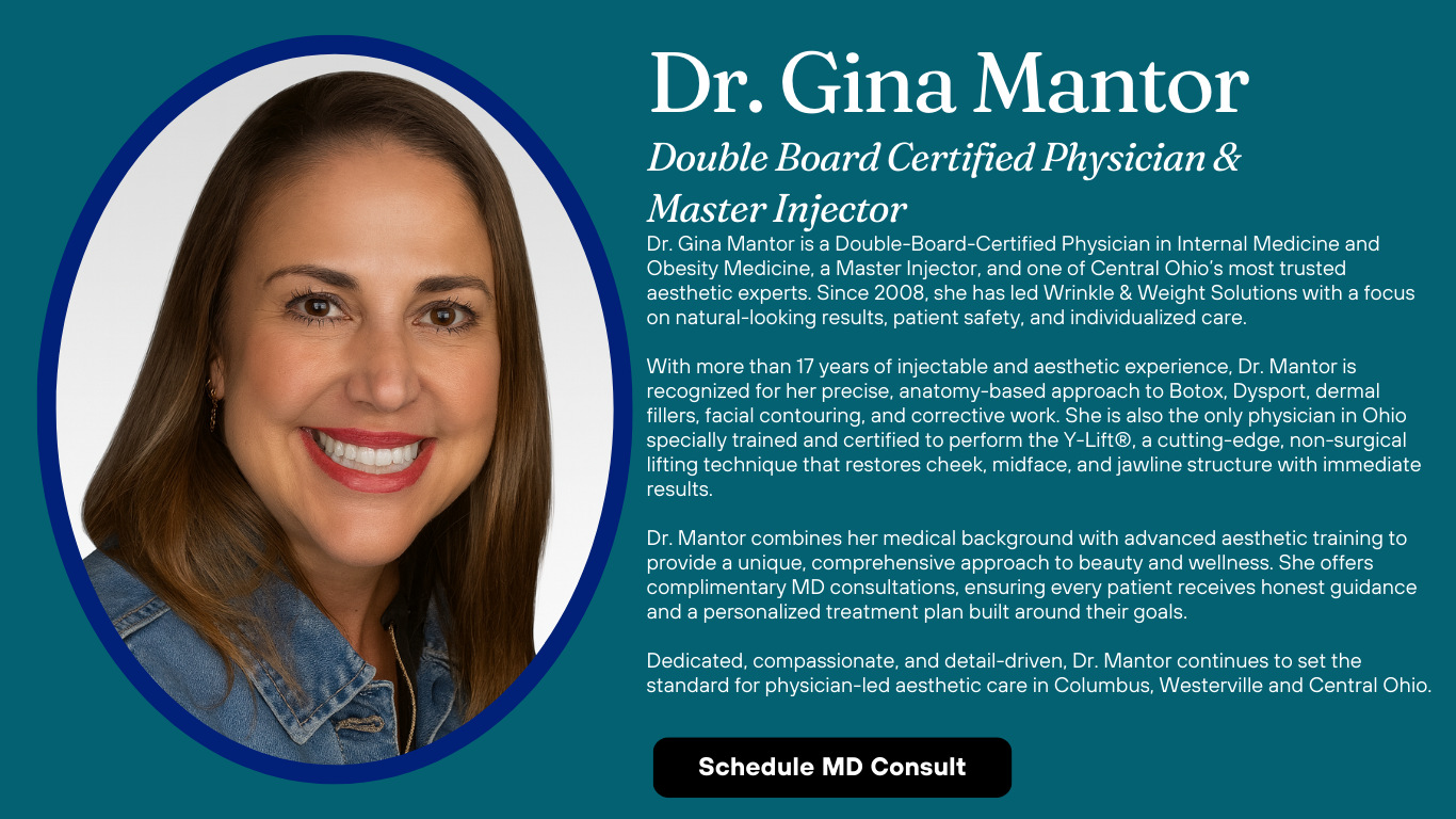 Portrait graphic of Dr. Gina Mantor, Double-Board-Certified Physician and Master Injector at Wrinkle & Weight Solutions, highlighting her expertise in injectables, Y-Lift, and physician-led aesthetic care.