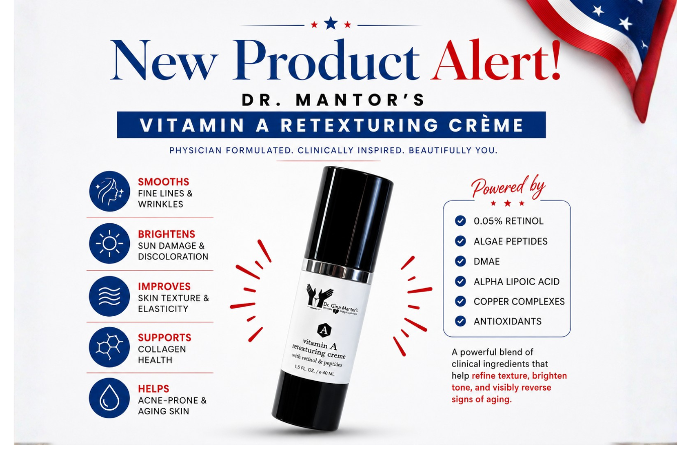 new product alert, Dr. Mantor's Vitamin A retexturing creme available for in-app purchase