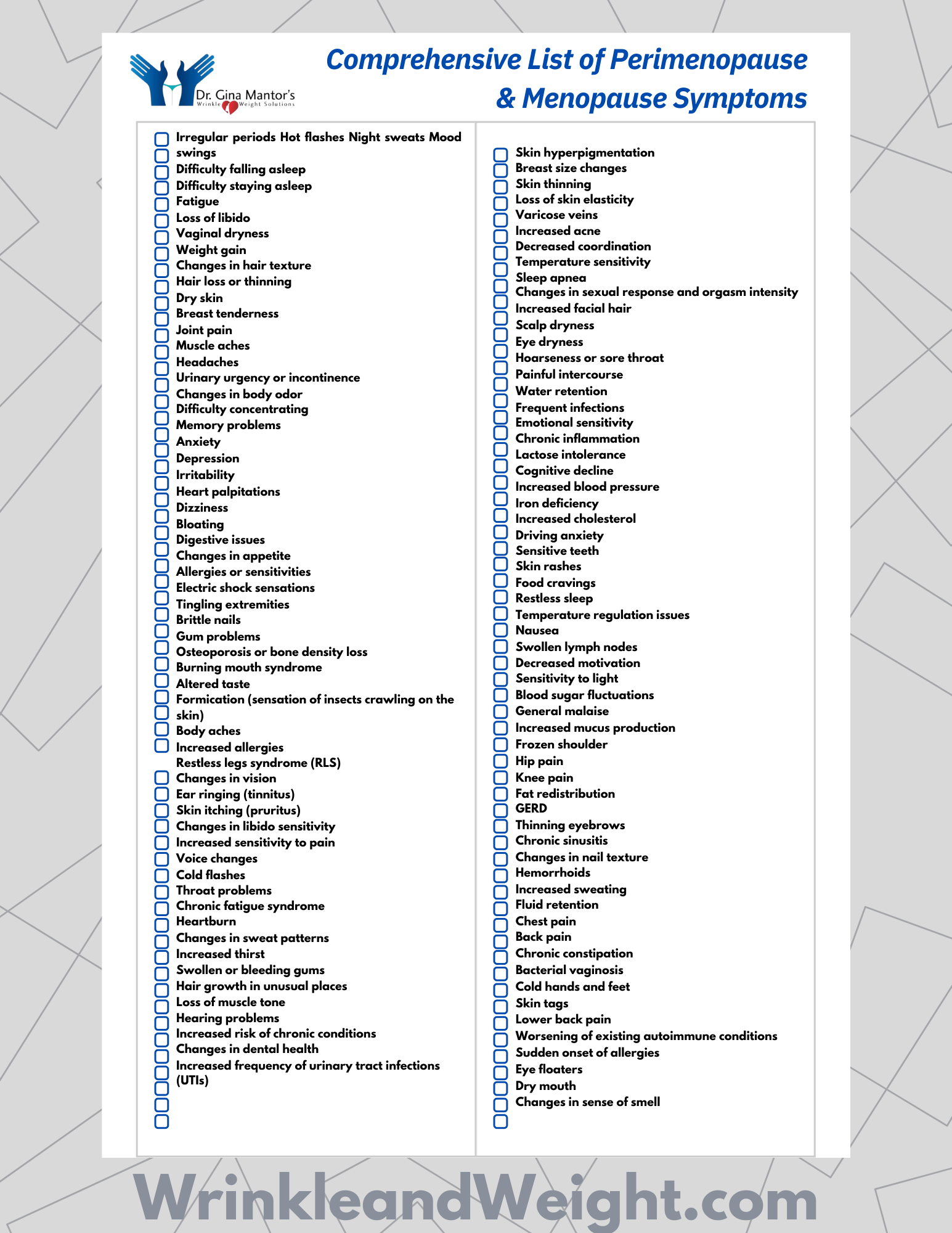 comprehensive list of menopause related symptoms