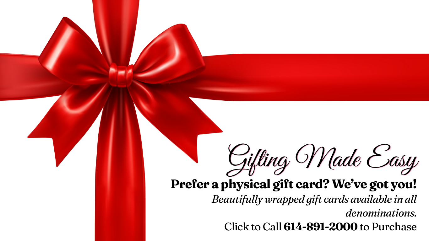 Graphic showing beautifully packaged physical gift cards from Wrinkle & Weight Solutions, highlighting availability in all denominations and phone number for purchase.