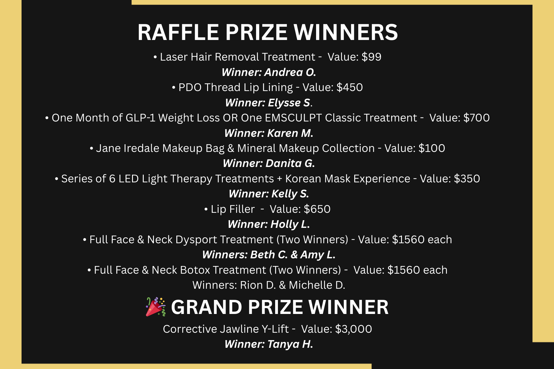 graphic with our raffle winners from our holiday glow event 2025