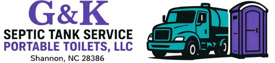 G&K Septic Tank Service logo with teal truck and purple portable toilet; “Portable Toilets, LLC” text