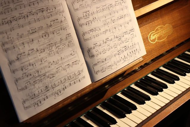 a close up of a piano with sheet music on it