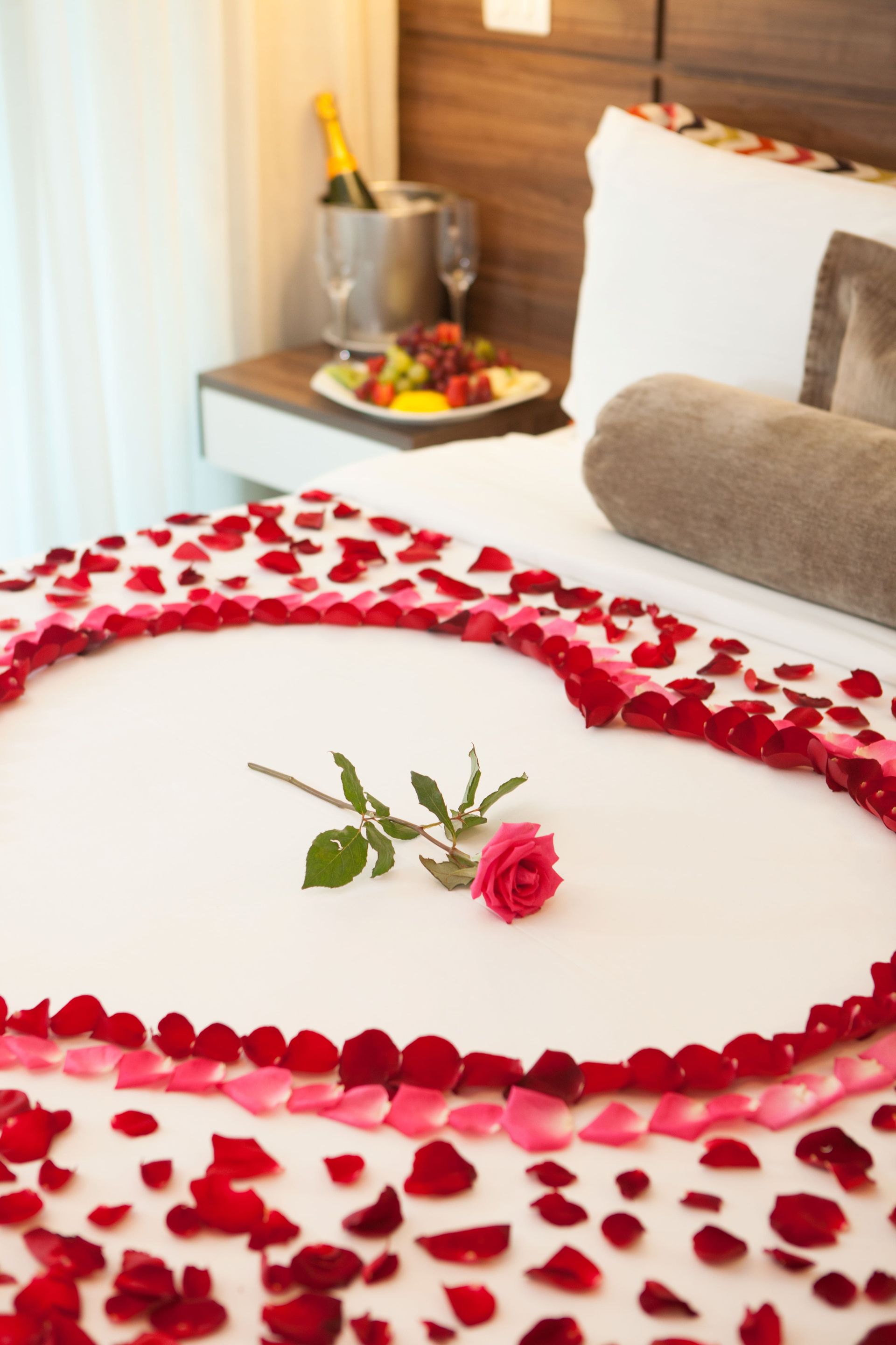 Uma cama com pétalas de rosas vermelhas e uma rosa sobre ela