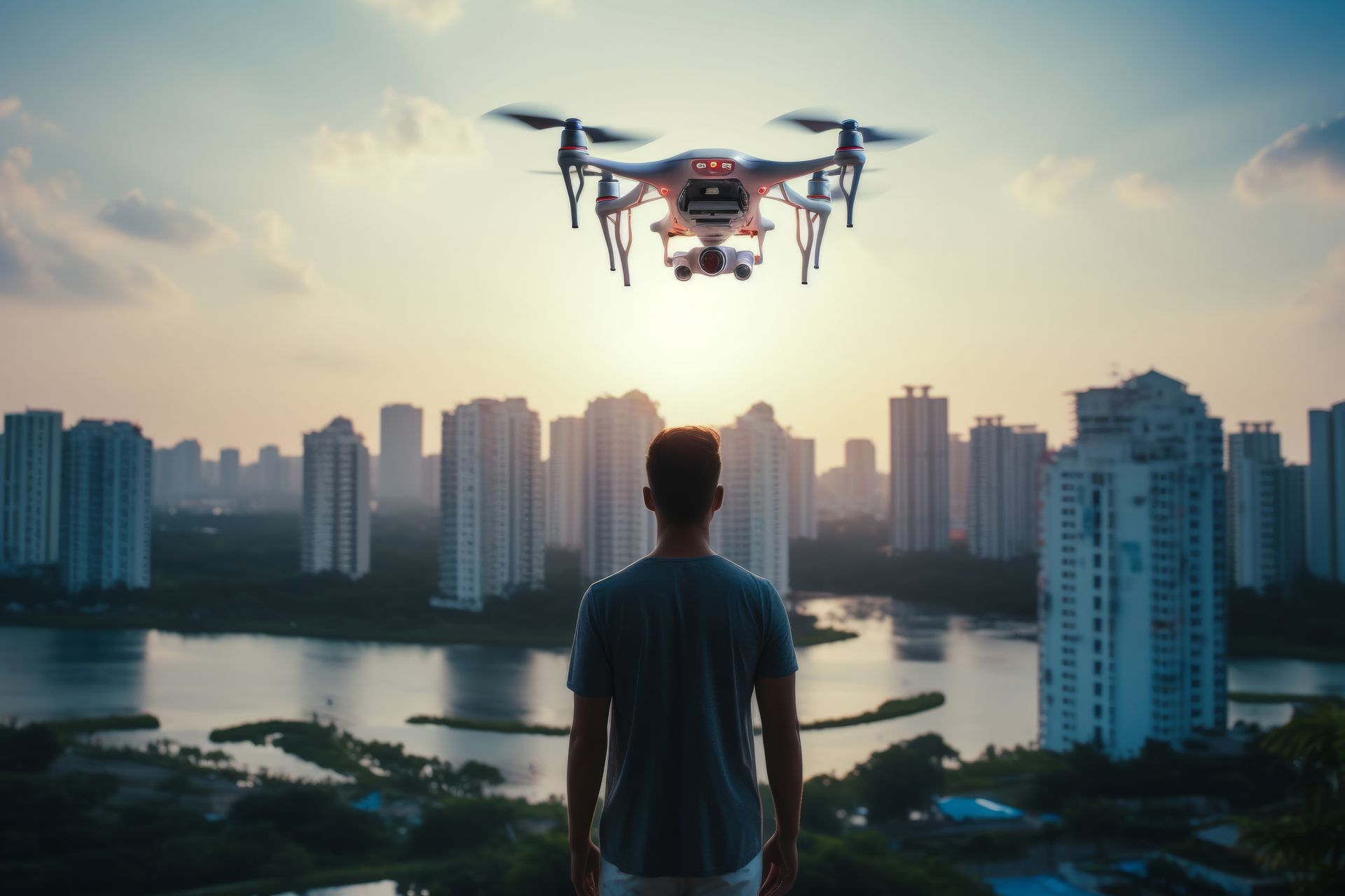 A man is looking at a drone flying over a city.