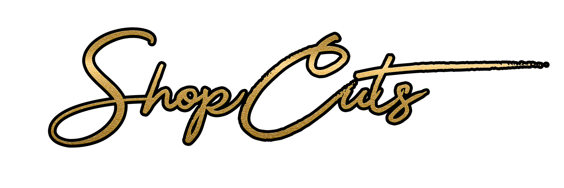 Gold cursive text that reads "Shop Cuts" against a plain background.