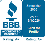 BBB Accredited Business badge with blue logo and text, “Since Mar 2026,” “As of 6/1/2026,” and “Rating: A+”