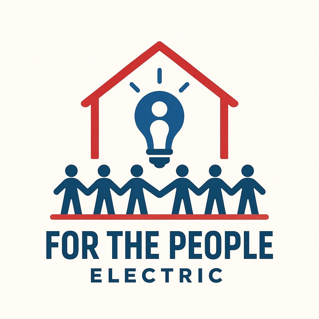 For The People Electric logo with red house, blue light bulb, and linked people figures