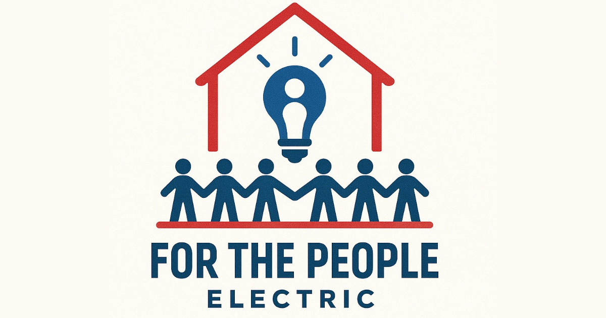 For The People Electric logo with blue figures holding hands under a red house and lightbulb, text: For the People Electric