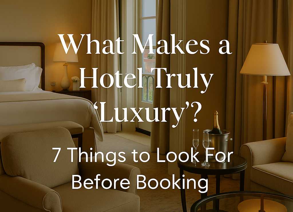 Luxury hotel room with text