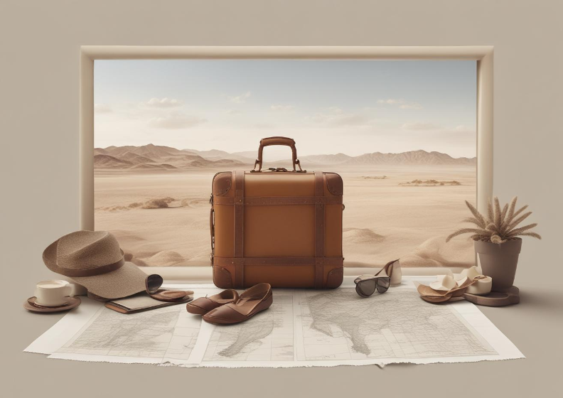 A straw hat is on a wooden table next to a camera