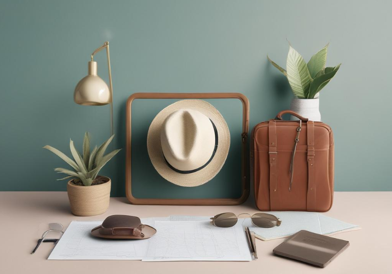 A hat , suitcase , sunglasses , a plant and a lamp are on a table.