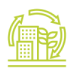 um ícone de linha verde de um edifício com setas ao redor.