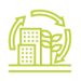 Um ícone de linha verde de um edifício com setas ao redor.