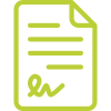um ícone verde de um documento com uma assinatura.