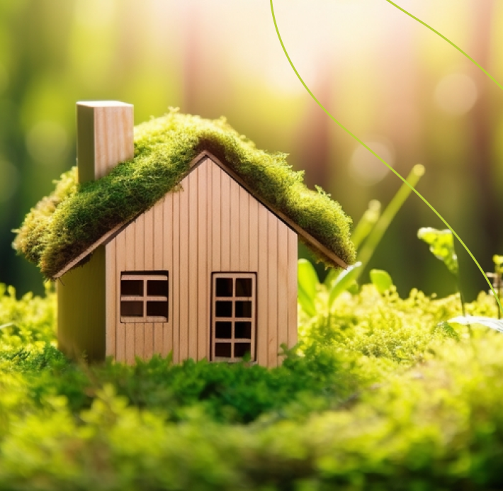 uma pequena casa de madeira com grama no telhado