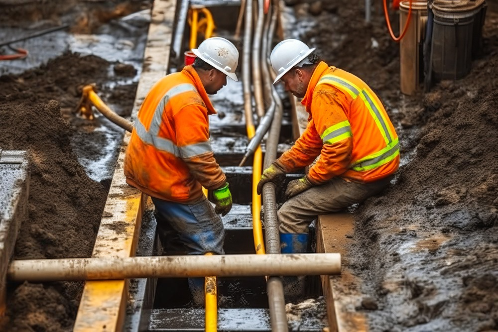 two construction workers are working on a pipe in the dirt .