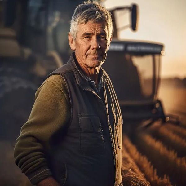 A man standing in front of a tractor in a field