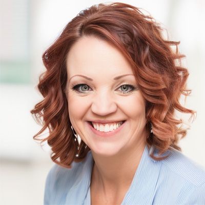 A woman with red hair and green eyes is smiling for the camera.