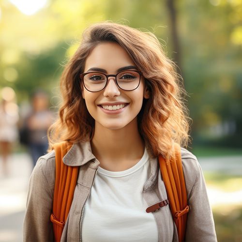 A young woman wearing glasses and a backpack is smiling for the camera.