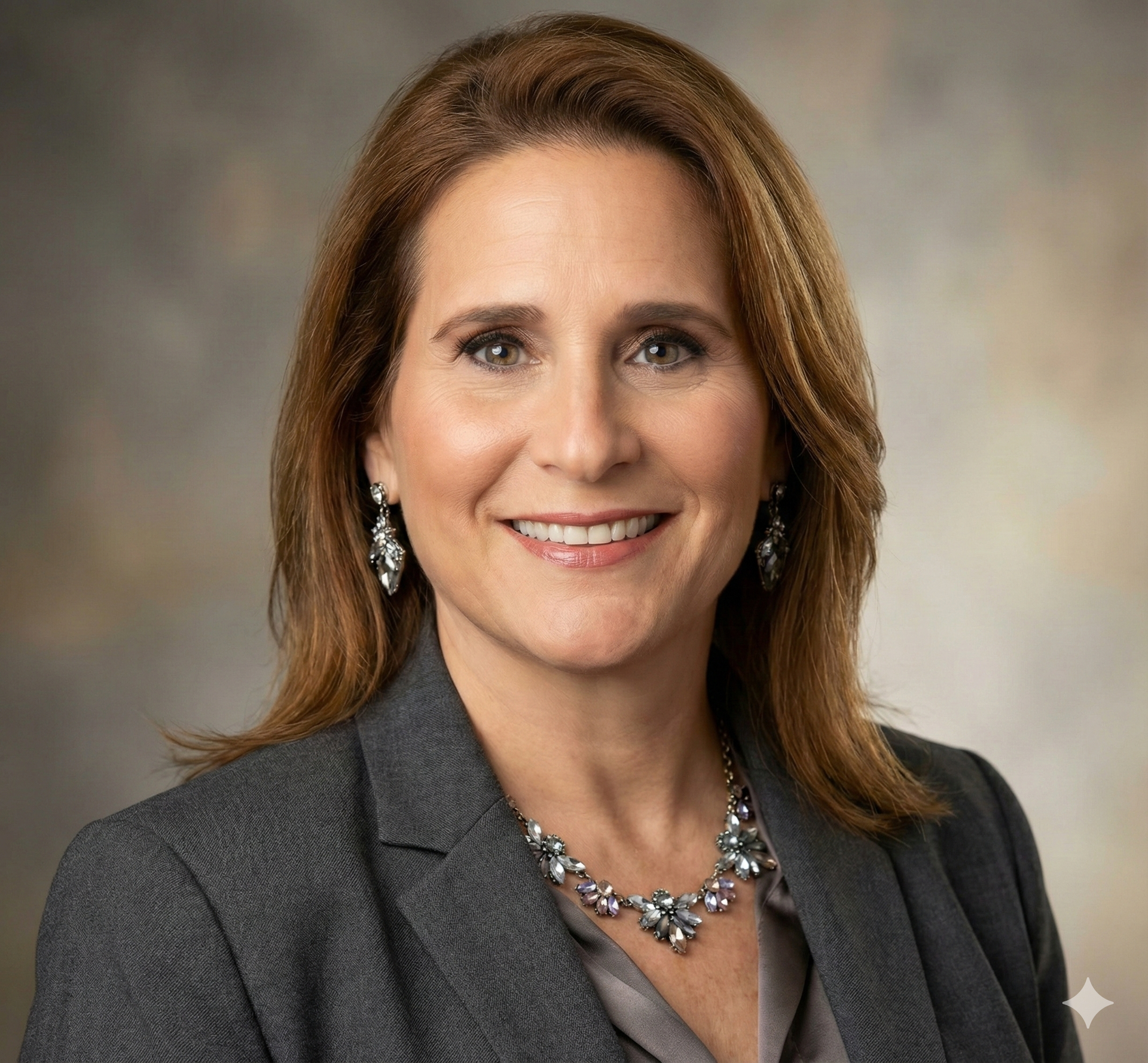 Woman in gray blazer smiling at the camera, wearing a silver necklace and earrings.