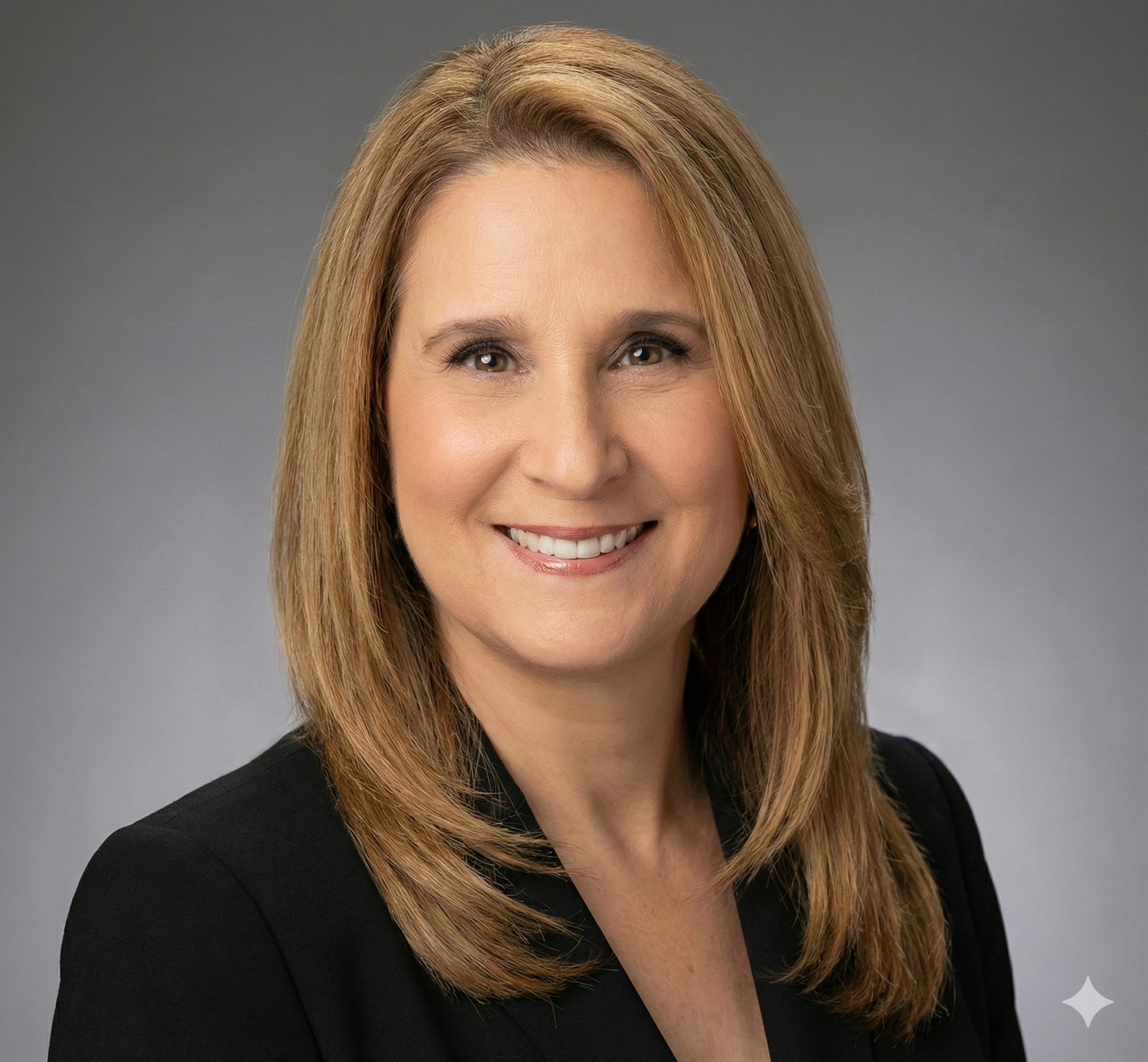 Woman with shoulder-length blonde hair smiling, wearing a black blazer, against a gray background.