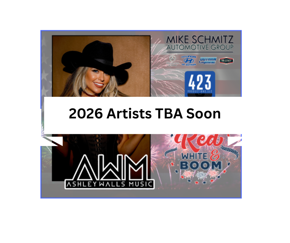 Event promotion with country singer, fireworks, and the text “2026 Artists TBA Soon.” Sponsors include “Mike Schmitz Automotive Group” and “Ashley Walls Music.”