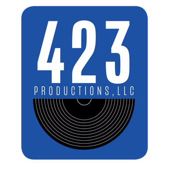 A blue and white logo for 422 productions llc