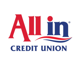 The all in credit union logo is red , blue and white.