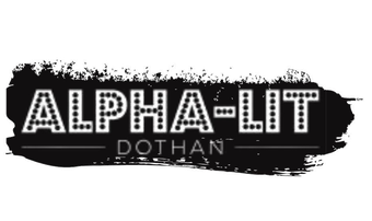 A black and white logo for alpha-lit dothan
