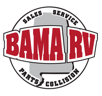 The logo for bama rv parts and collision is red and white.
