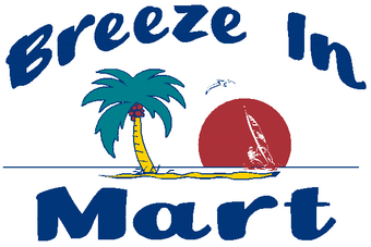 A logo for breeze in mart with a palm tree and a sailboat