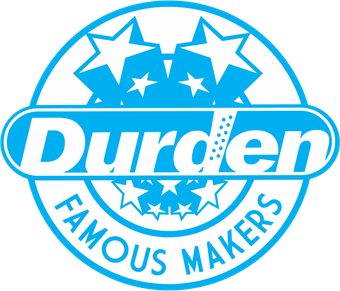 A blue and white logo for durden famous makers