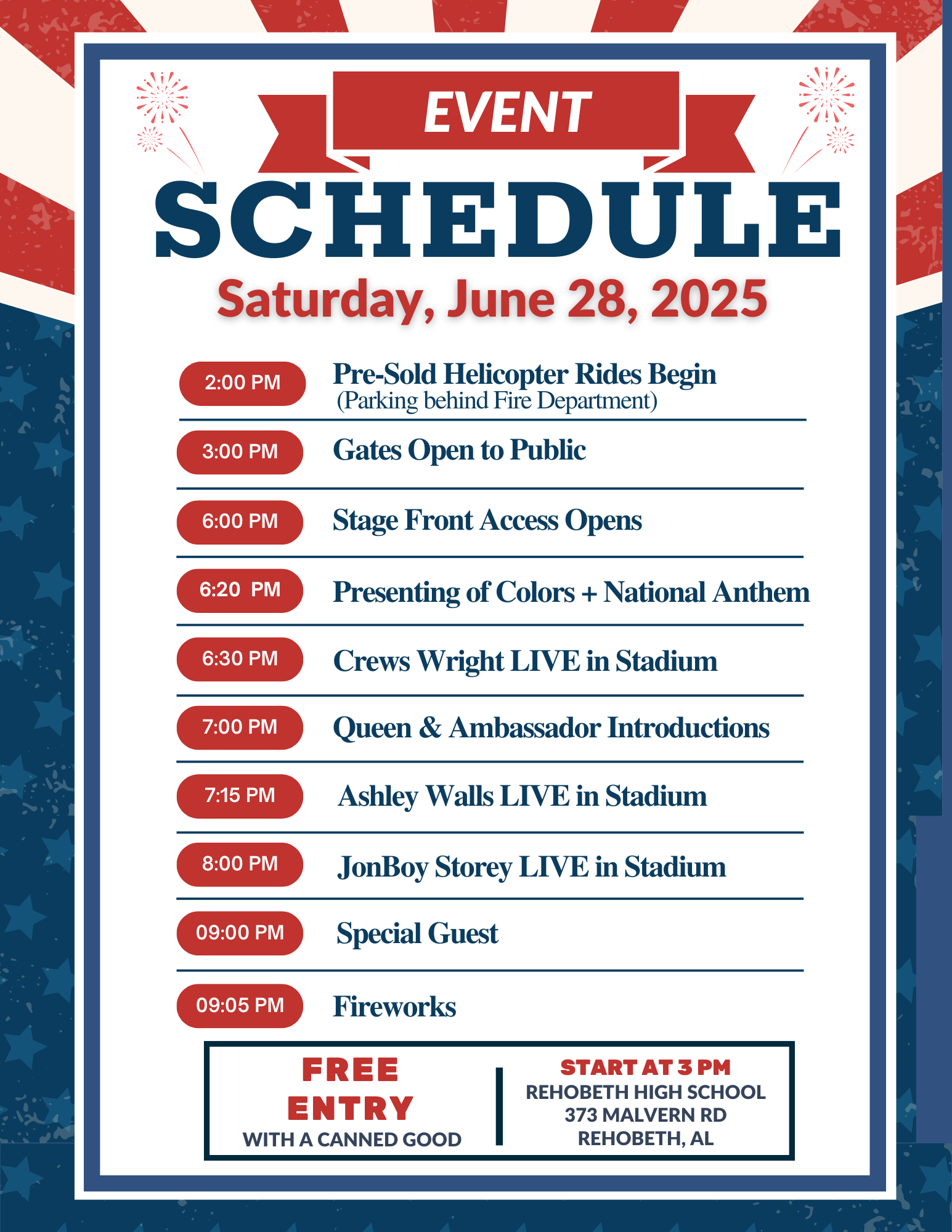 A poster for an event schedule for saturday , june 28 , 2025.