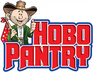 Hobo pantry logo with a man in a cowboy hat holding a flag
