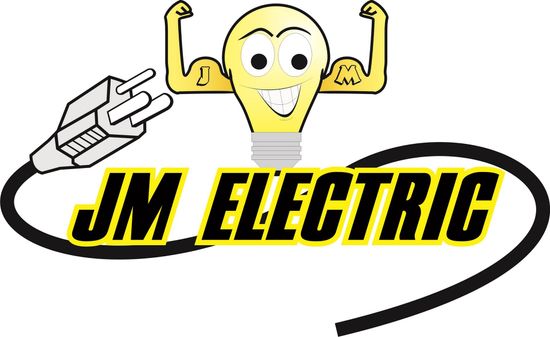 A logo for jm electric with a light bulb and a plug.