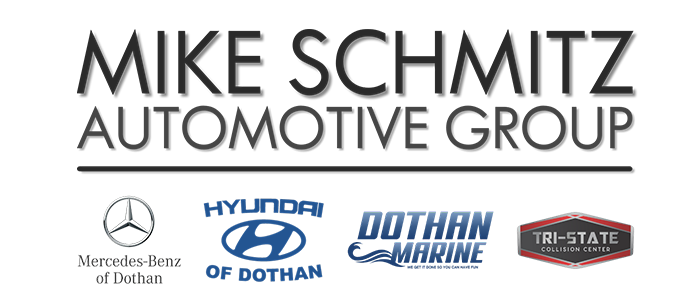 A logo for mike schmitz automotive group with logos for mercedes benz , hyundai , and dothan marine.