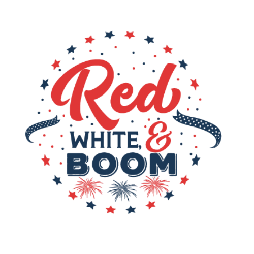 A red , white and boom logo with fireworks in the background.