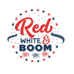 A red , white and boom logo with fireworks in the background.