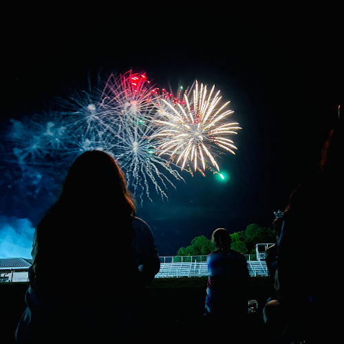 A group of people are watching fireworks in the night sky.