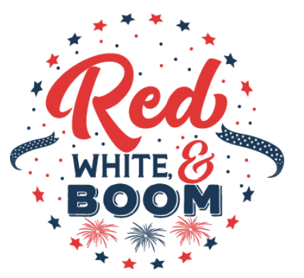 A red white and boom logo with fireworks in the background