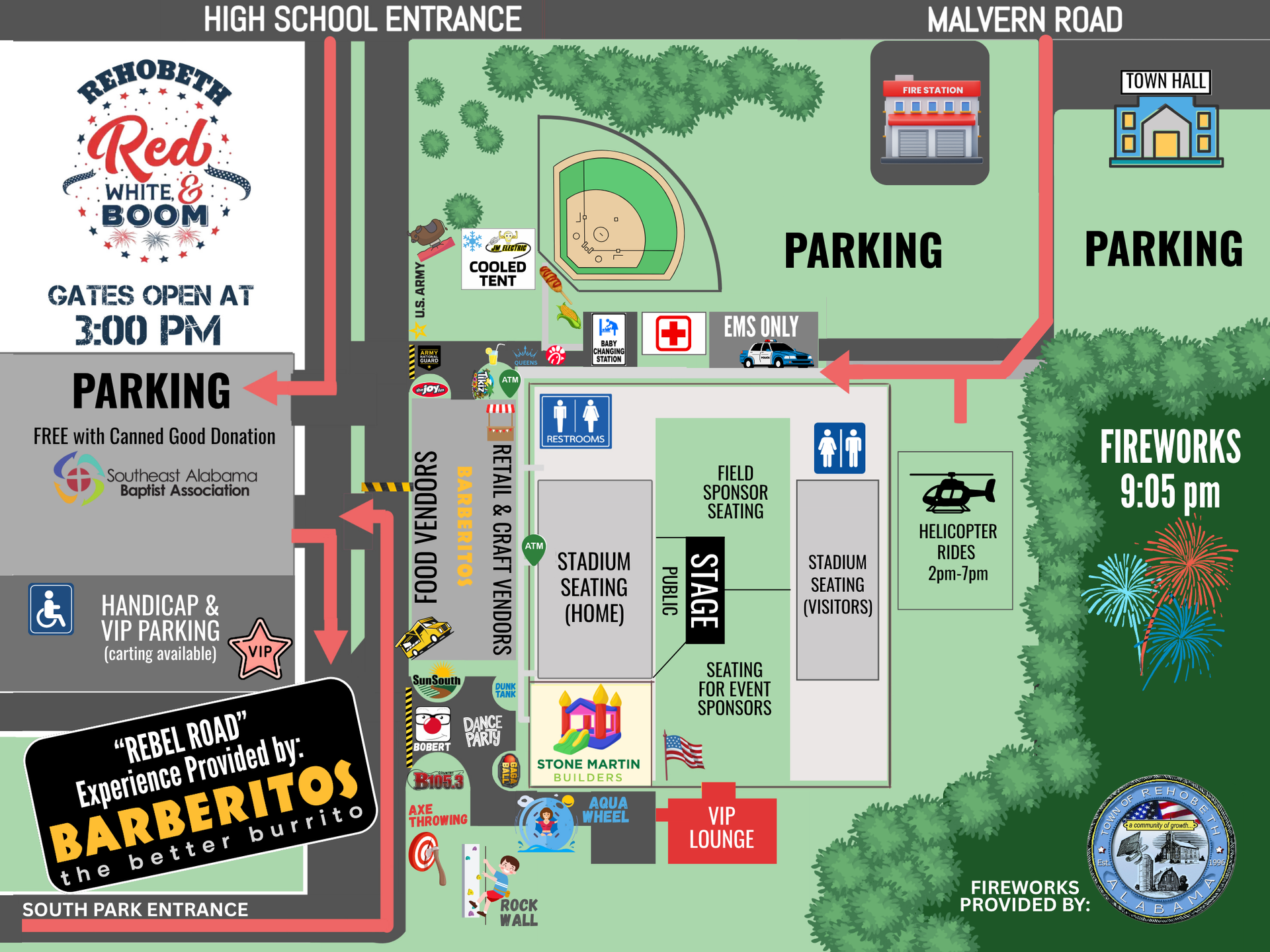 A site map showing the entrance to Rehobeth Red White and Boom