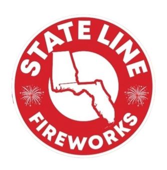A red and white logo for state line fireworks
