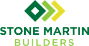 The logo for stone martin builders is green and yellow with arrows pointing in opposite directions.