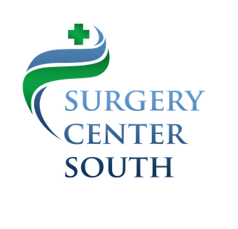 The logo for the surgery center south has a green and blue swirl with a cross on it.