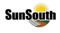 A john deere logo and a sunsouth logo on a white background.